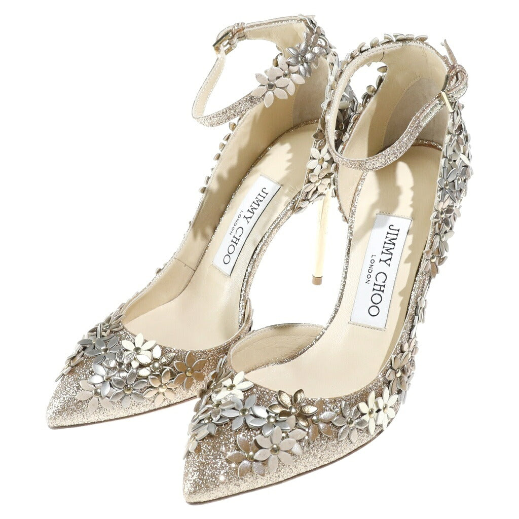 JIMMY CHOO(ジミーチュウ) LORELAI 100 パンプス ヒール フラワー モチーフ ラメ グリッター ゴールド レディース
