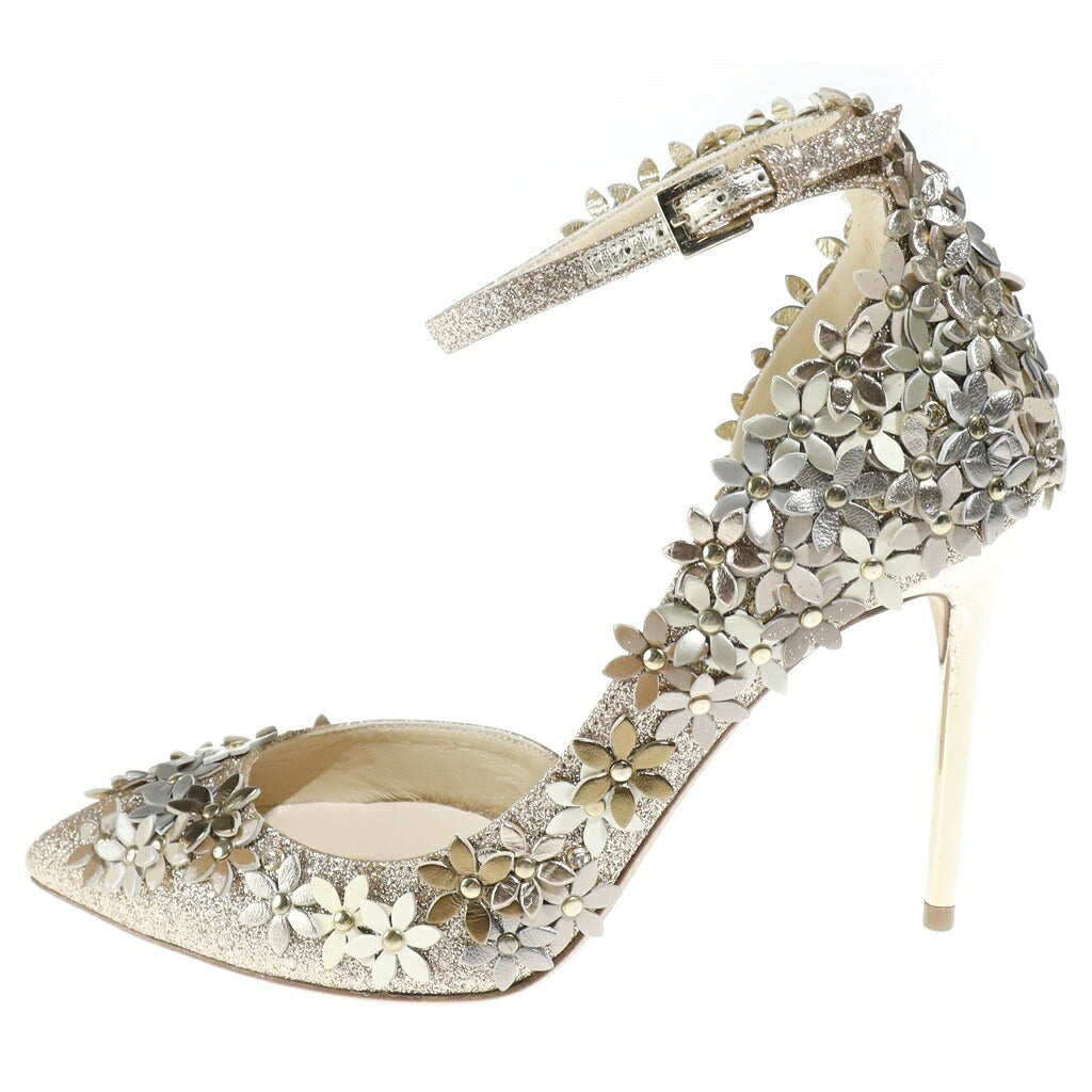 JIMMY CHOO(ジミーチュウ) LORELAI 100 パンプス ヒール フラワー モチーフ ラメ グリッター ゴールド レディース