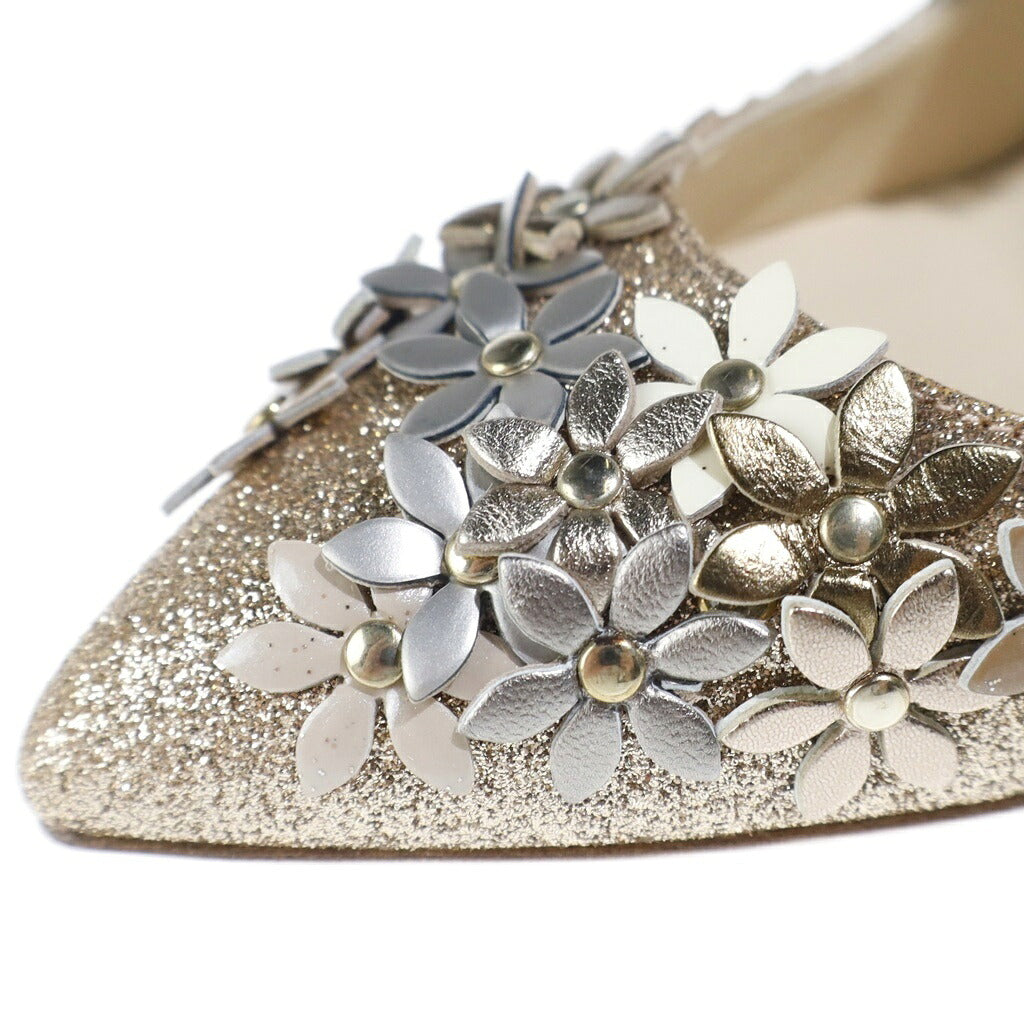 JIMMY CHOO(ジミーチュウ) LORELAI 100 パンプス ヒール フラワー モチーフ ラメ グリッター ゴールド レディース