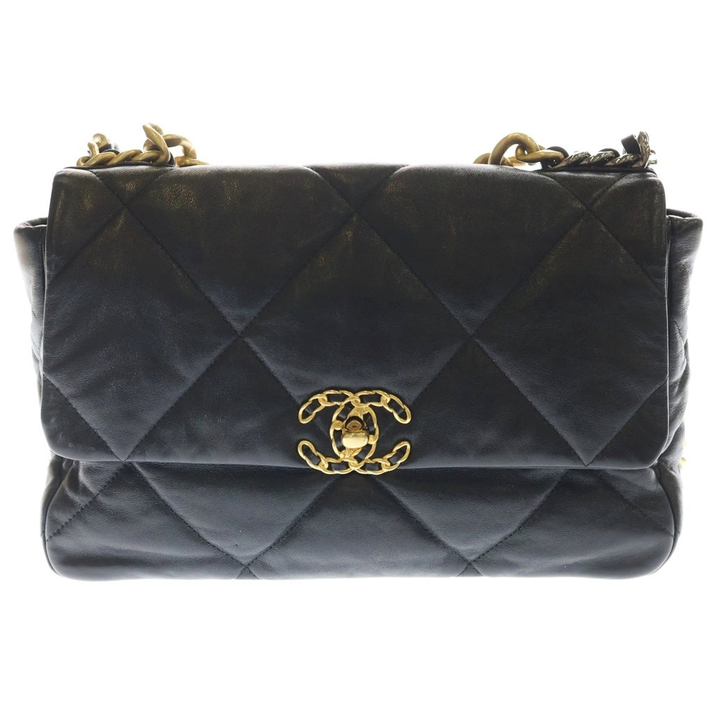 CHANEL(シャネル) シャネル19 ディズヌフ マトラッセ ラムスキン レザー チェーンショルダーバッグ ゴールド/シルバー金具 ブラック AS1160 30番台 AS1160 カード レディース
