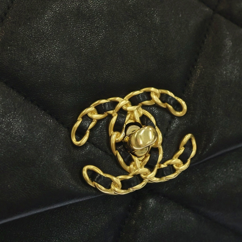 CHANEL(シャネル) シャネル19 ディズヌフ マトラッセ ラムスキン レザー チェーンショルダーバッグ ゴールド/シルバー金具 ブラック AS1160 30番台 AS1160 カード レディース