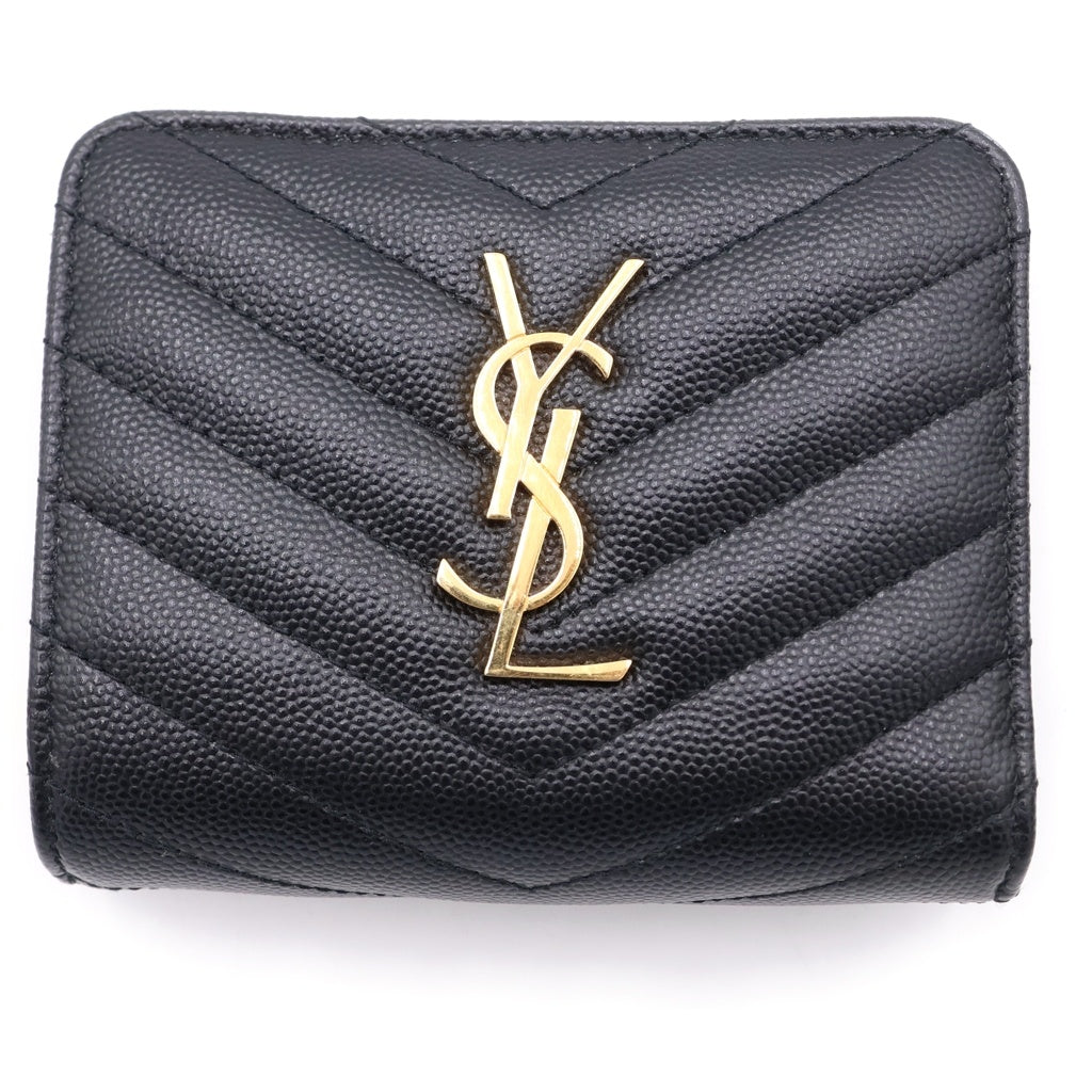 SAINT LAURENT PARIS(サンローランパリ) カサンドラロゴ レザー コンパクトウォレット 二つ折り財布 ゴールド金具 ブラック 668288 668288 レディース
