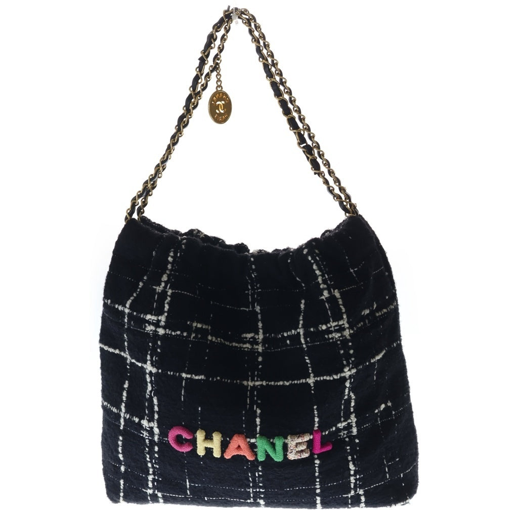 CHANEL(シャネル) シャネル22 ツイード チェーンショルダーバッグ ブラック/マルチカラー ゴールド金具 レディース
