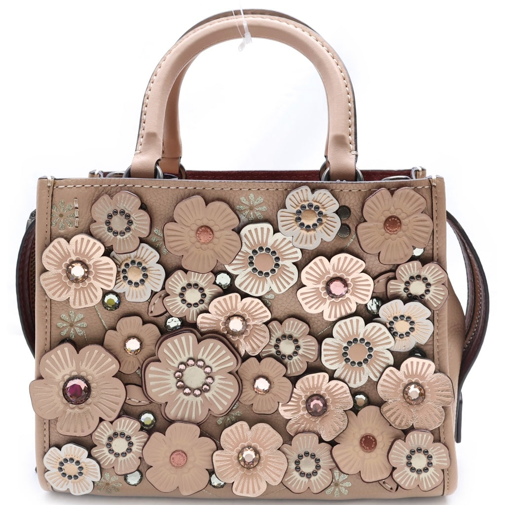 COACH(コーチ) ローグ25 ウィズ クリスタル ティーローズ 2WAYハンドバッグ ショルダーバッグ ピンクベージュ レザー 35583 ブラック金具 レディース
