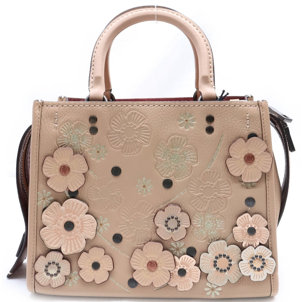 COACH(コーチ) ローグ25 ウィズ クリスタル ティーローズ 2WAYハンドバッグ ショルダーバッグ ピンクベージュ レザー 35583 ブラック金具 レディース