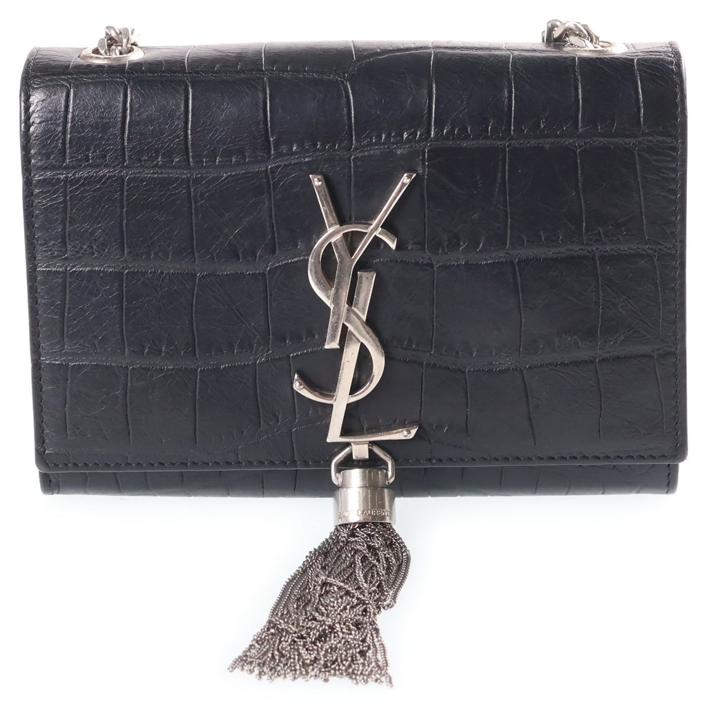 YVES SAINT LAURENT(イヴサンローラン) ケイト フリンジチェーン ショルダーミニバッグ ハンドバッグ クロコ型押し ブラック レザー 354120 レディース