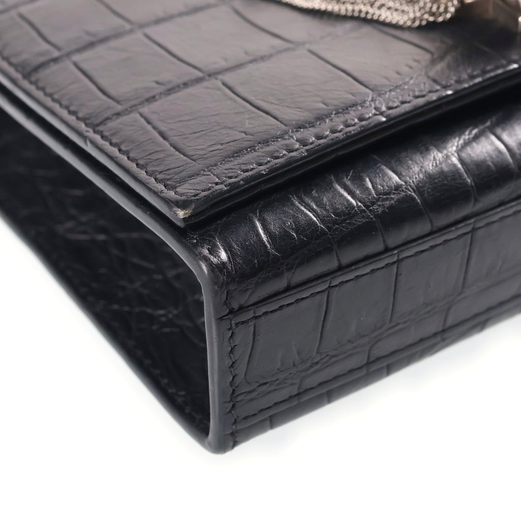 YVES SAINT LAURENT(イヴサンローラン) ケイト フリンジチェーン ショルダーミニバッグ ハンドバッグ クロコ型押し ブラック レザー 354120 レディース