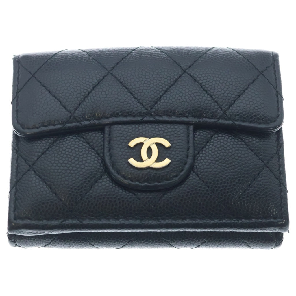 CHANEL(シャネル) ココマーク マトラッセコンパクトウォレット 三つ折り財布 キャビアスキン ブラック ゴールド金具 シール付 28番台 AP0230 シール、箱、袋 レディース