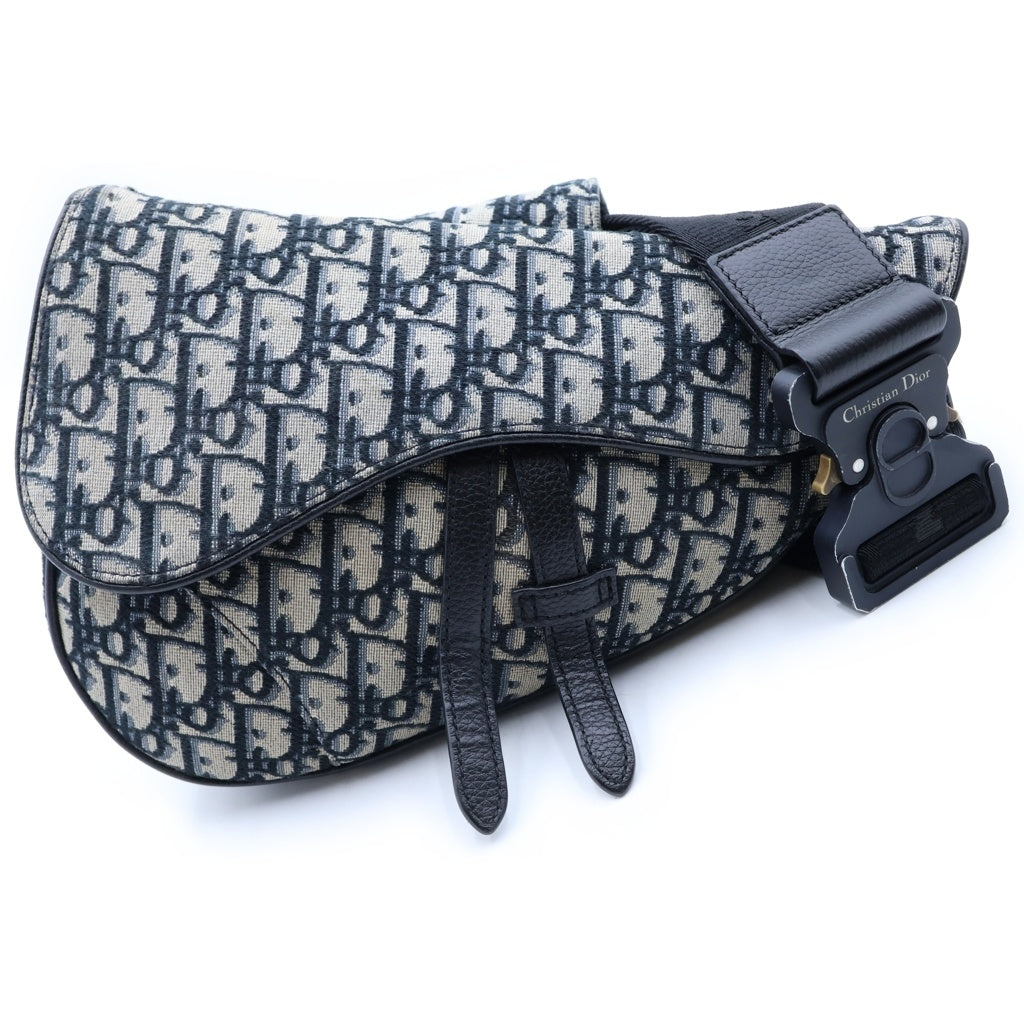 Christian Dior(クリスチャンディオール) サドル ウエストバッグ グレー×ネイビー×ブラック ジャガード×レザー