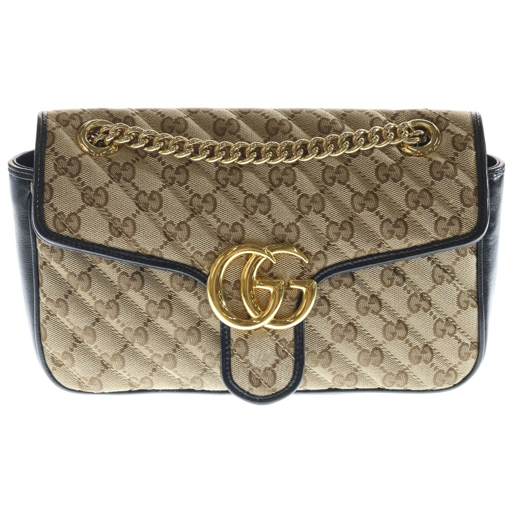 GUCCI(グッチ) GGマーモント チェーンショルダーバッグ ハンドバッグ キャンバス×レザー ベージュ×ブラック 443497 520981 箱、袋 レディース