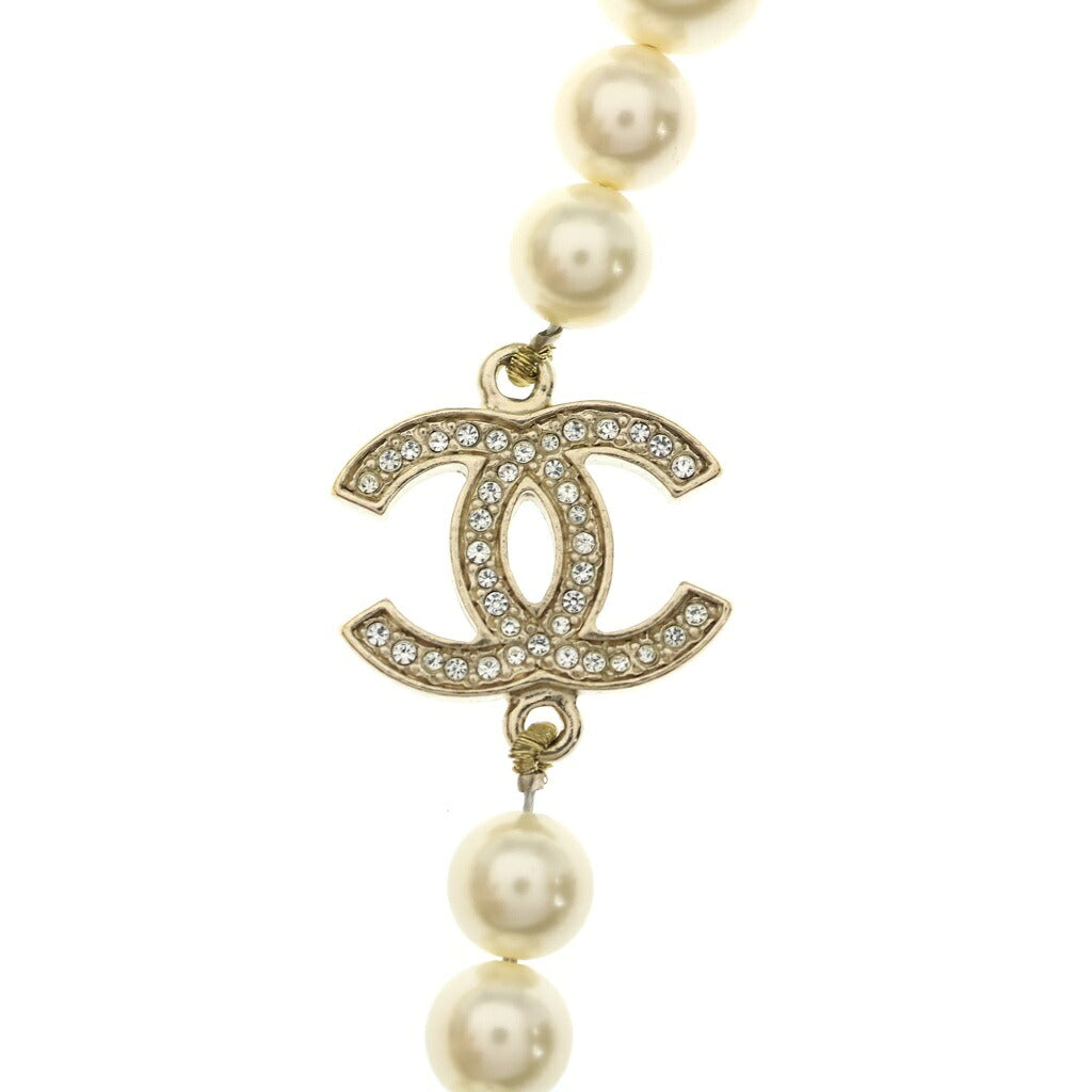 CHANEL(シャネル) ココマーク パール ロングネックレス ホワイト×ゴールド ラインストーン フェイクパール メタル